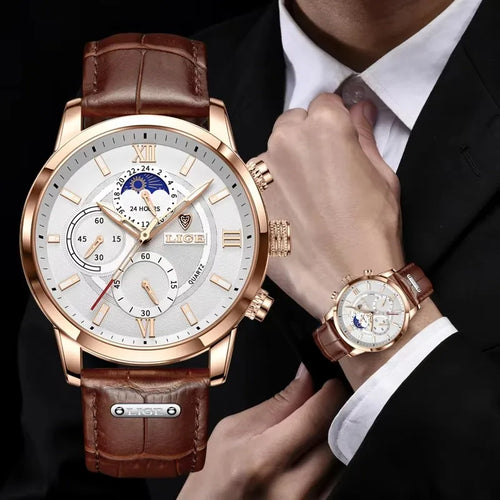 “LIGE rose gold chronograph watch, white dial, brown leather strap, moonphase subdial, formal men’s style