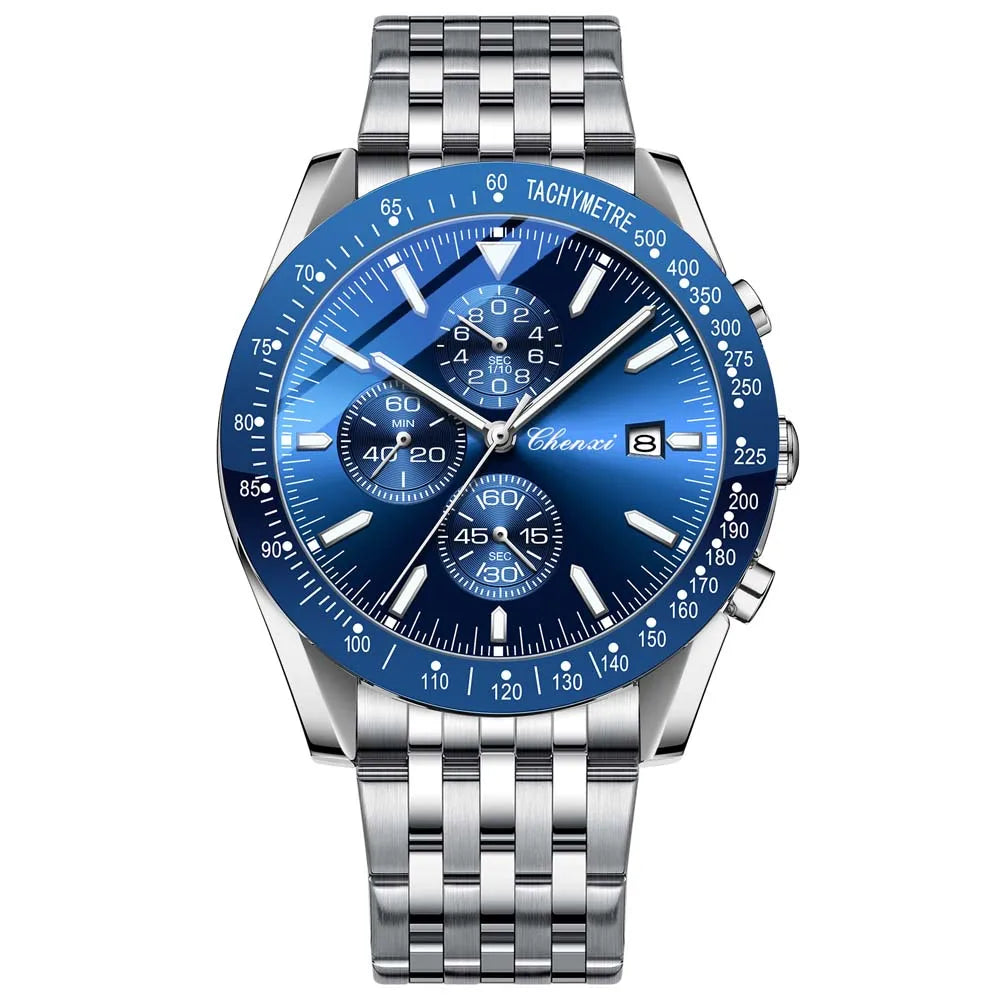 Biden blue racing chronograph watch, leather strap, sunburst dial, subdials, stainless steel case