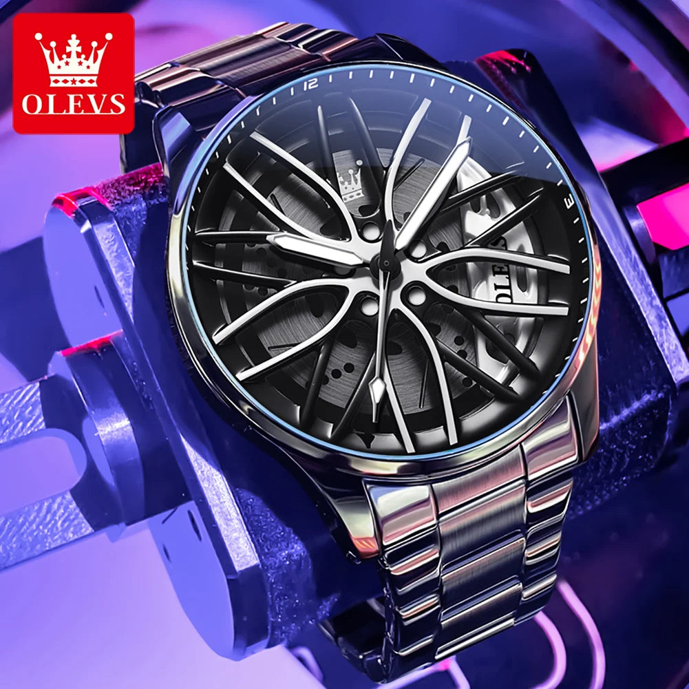OLEVS men’s green skeleton wheel watch with black stainless bracelet and futuristic luminous dial”