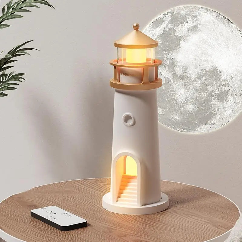 Lighthouse lamp and 3D moon night light on bedside table with vase and book