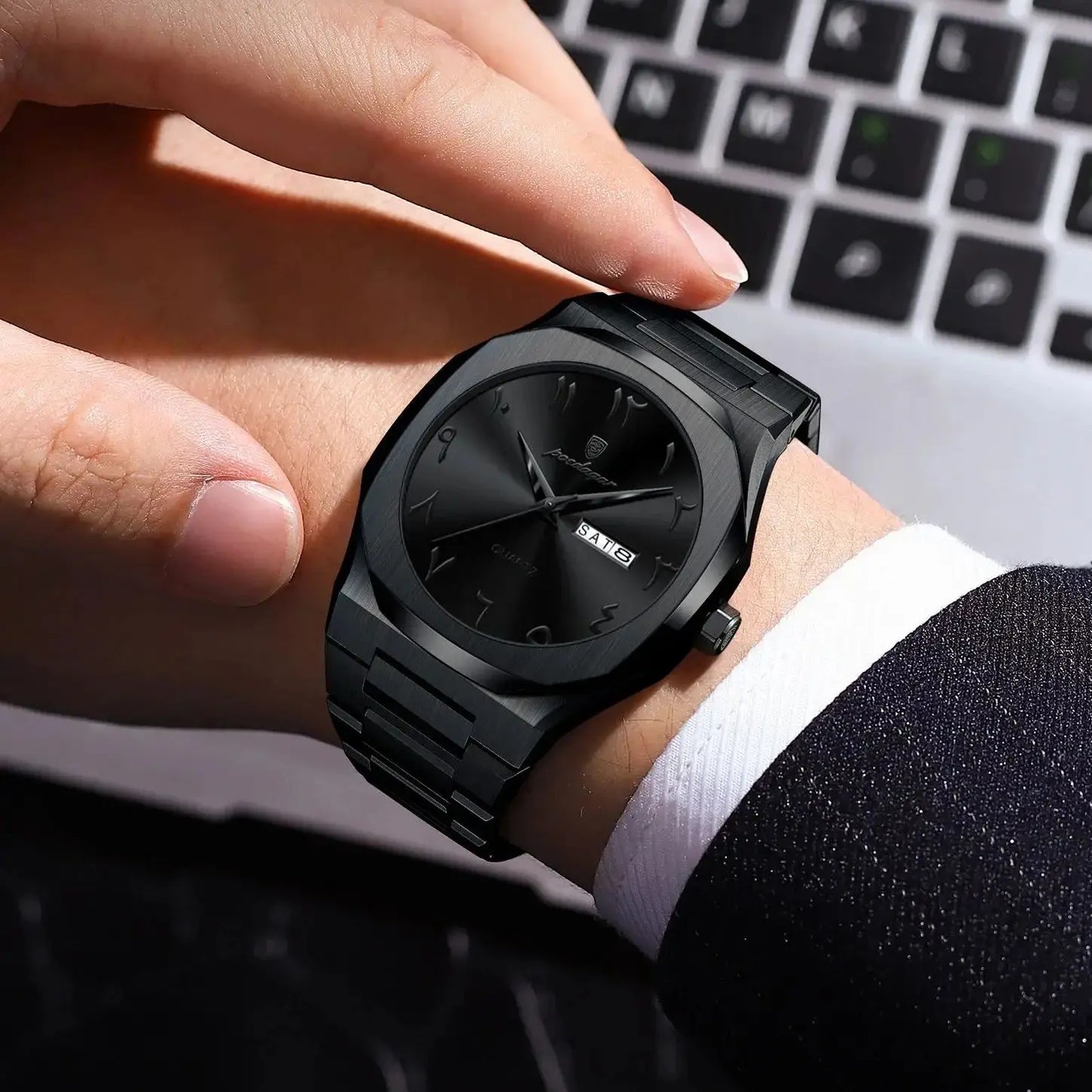 PAGANI DESIGN all-black men’s watch with octagonal case and day date display
