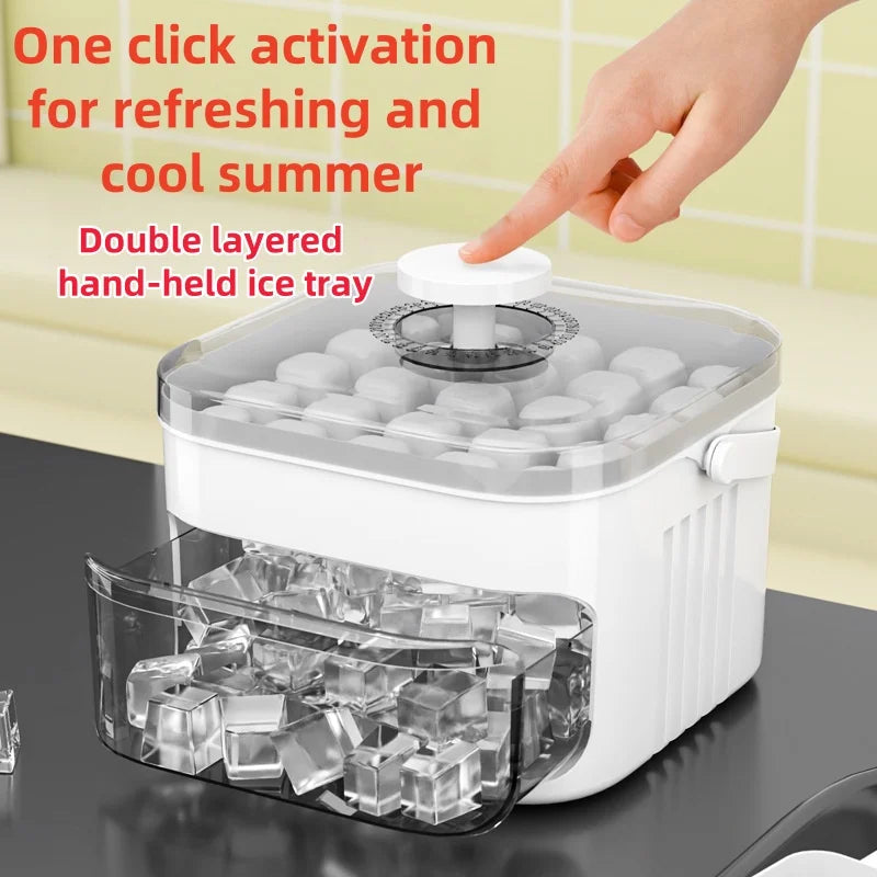 Large capacity ice cube box with easy-release lid, scoop, and clear storage bin
