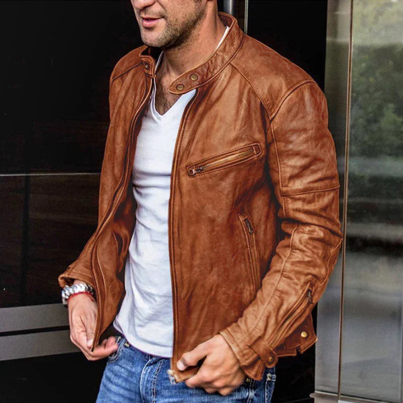 Cadeau Pour Hommes : Veste en Cuir de Motard avec Col Punk Rétro et Fermeture Éclair pour Hommes