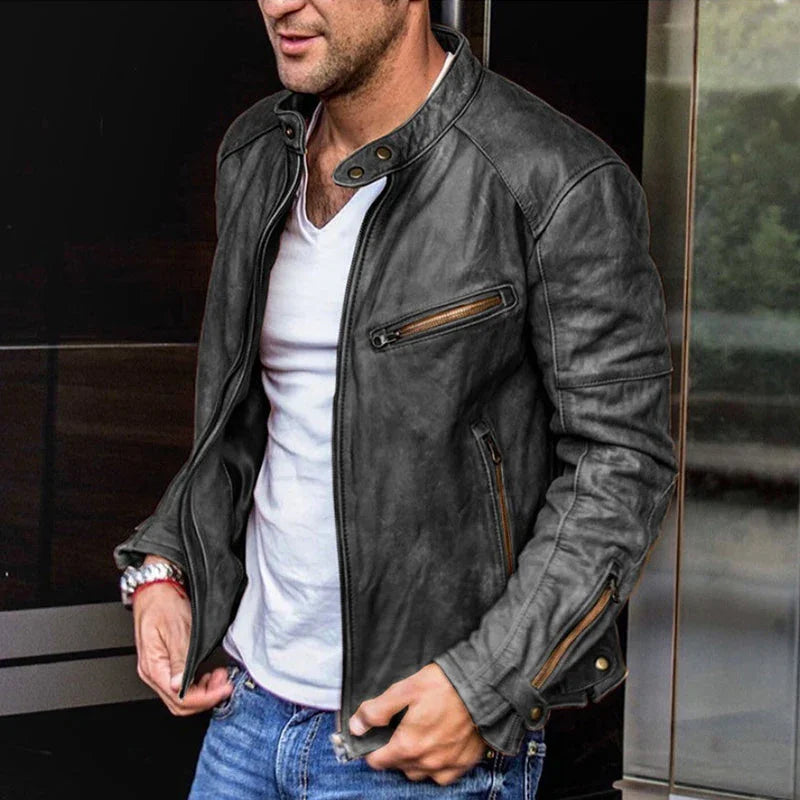 Cadeau Pour Hommes : Veste en Cuir de Motard avec Col Punk Rétro et Fermeture Éclair pour Hommes