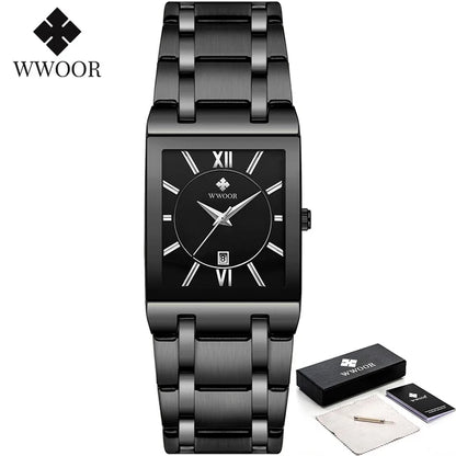 WWOOR men’s square blue dial watch with gold markers and blue steel bracelet