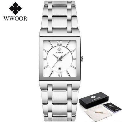 WWOOR men’s square blue dial watch with gold markers and blue steel bracelet