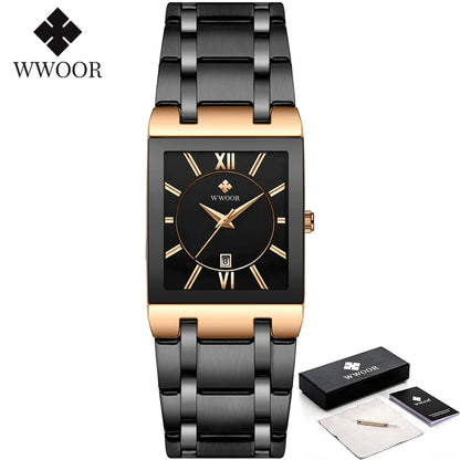 WWOOR men’s square blue dial watch with gold markers and blue steel bracelet