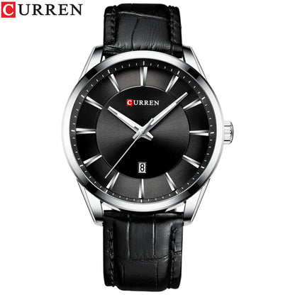 Curren classic black dial men’s watch with silver stainless case and leather strap