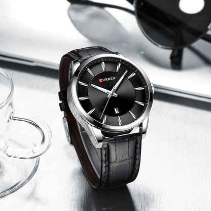 Curren classic black dial men’s watch with silver stainless case and leather strap