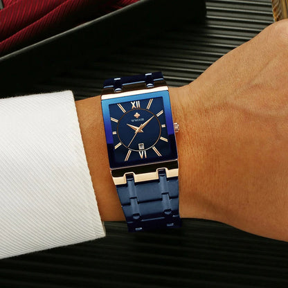 WWOOR men’s square blue dial watch with gold markers and blue steel bracelet