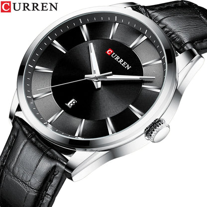 Curren classic black dial men’s watch with silver stainless case and leather strap