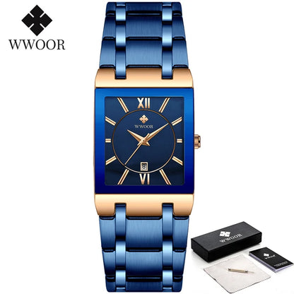 WWOOR men’s square blue dial watch with gold markers and blue steel bracelet