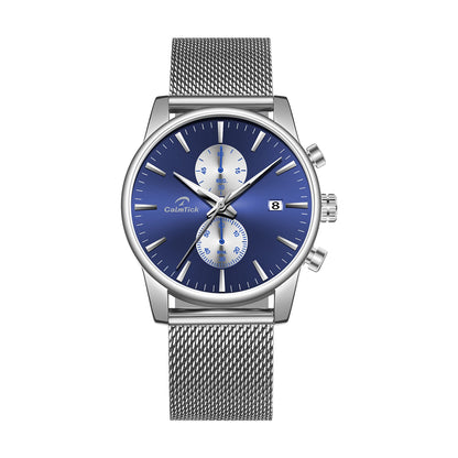 Cheetah black mesh waterproof chronograph watch with blue dial and luminous markers