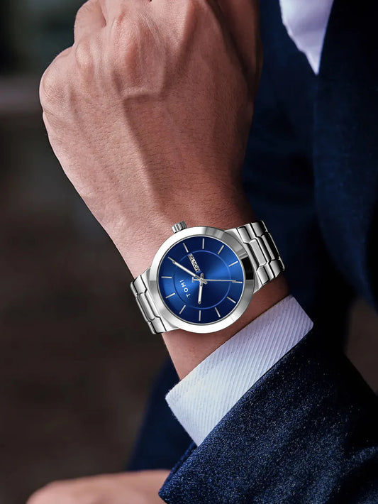 TOMI men’s blue dial minimalist watch with stainless steel bracelet and date display