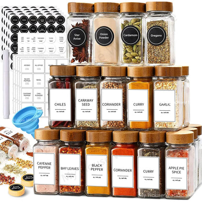Premium Glass Spice Jars Set with Bamboo Lids & Labels