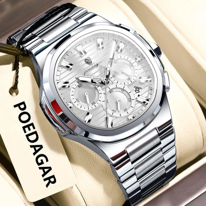  Luxury men’s blue chronograph watch with stainless steel bracelet, sporty dial, and multi-subdial features”