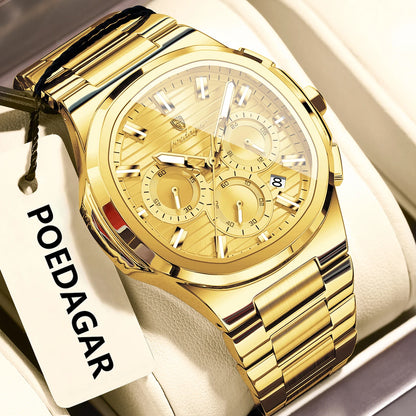 Luxury men’s blue chronograph watch with stainless steel bracelet, sporty dial, and multi-subdial features”