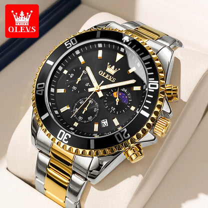 OLEVS chronograph dive watch collection in gold, silver, black, green, and blue with mixed steel bracelets