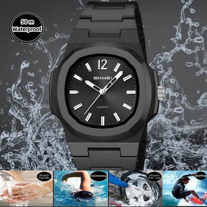 stainless steel octagonal men’s watch with minimalist black dial