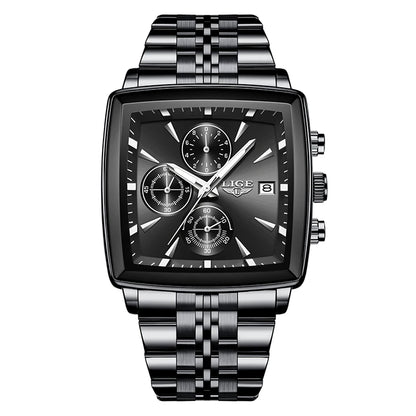Luxury men’s square chronograph watch with black dial, gold case, and two-tone stainless steel bracelet”