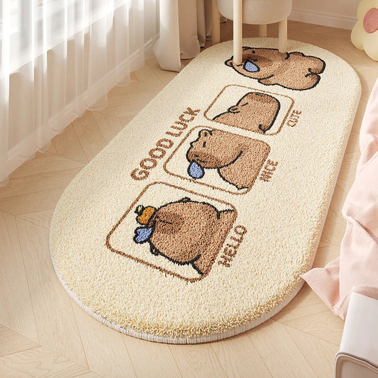 Soft bear print nursery rug with good luck cartoon design