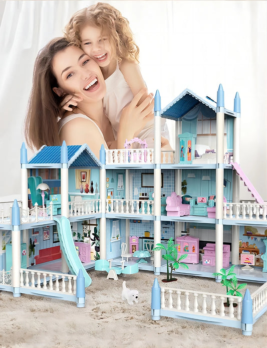 Large multi-story luxury dollhouse playset with family, rooms, and accessories