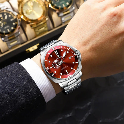 Pagani Design red diver watch with stainless steel bracelet and bold red dial