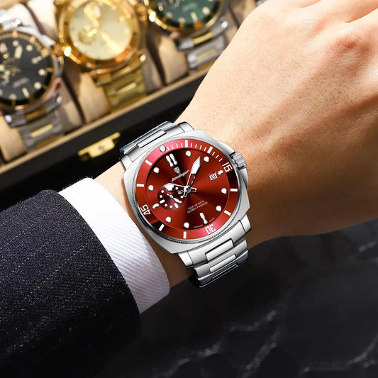 Pagani Design red diver watch with stainless steel bracelet and bold red dial