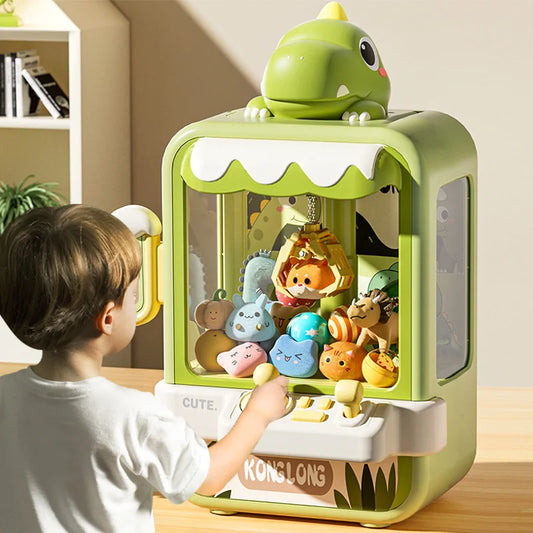 Mini claw machine toy for kids with dinosaur design and plush prizes”