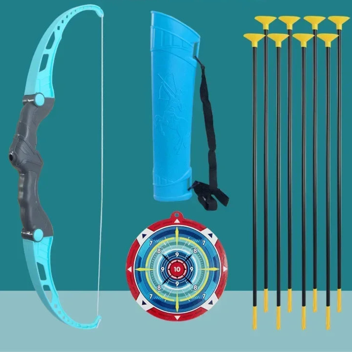 Child playing with bow and arrow toy set, suction cup arrows, and target on wall”