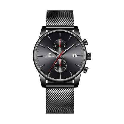 Cheetah black mesh waterproof chronograph watch with blue dial and luminous markers