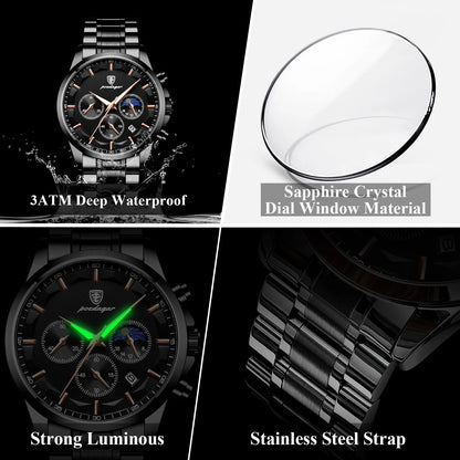 PAGANI DESIGN luxury black chronograph men’s watch with moon phase and subdials