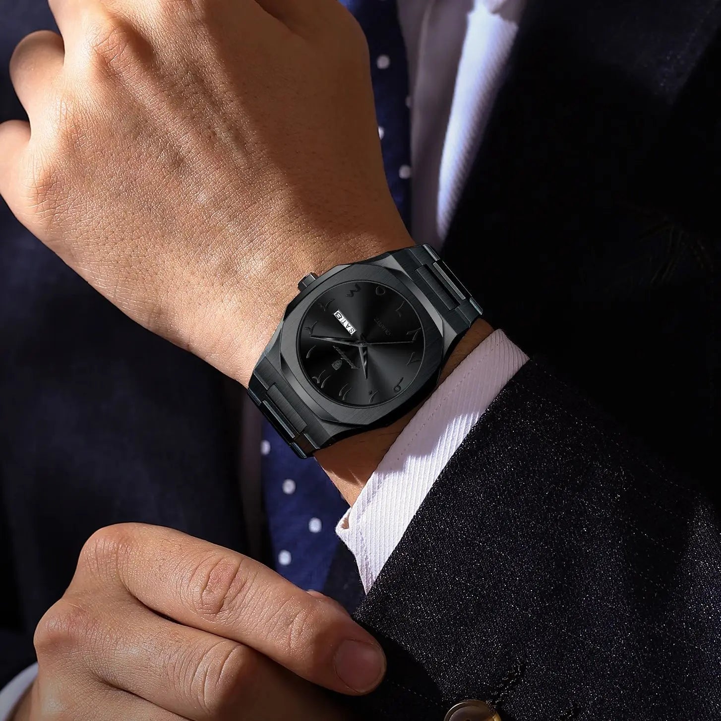 PAGANI DESIGN all-black men’s watch with octagonal case and day date display