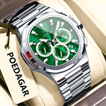 Luxury men’s blue chronograph watch with stainless steel bracelet, sporty dial, and multi-subdial features”