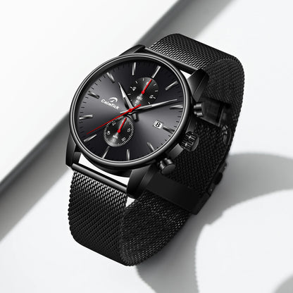 Cheetah black mesh waterproof chronograph watch with blue dial and luminous markers