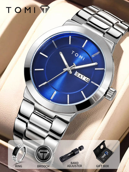 TOMI men’s blue dial minimalist watch with stainless steel bracelet and date display