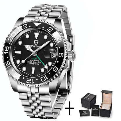 Pagani Design Pepsi GMT automatic men’s watch, red-blue bezel, black dial, Jubilee steel bracelet