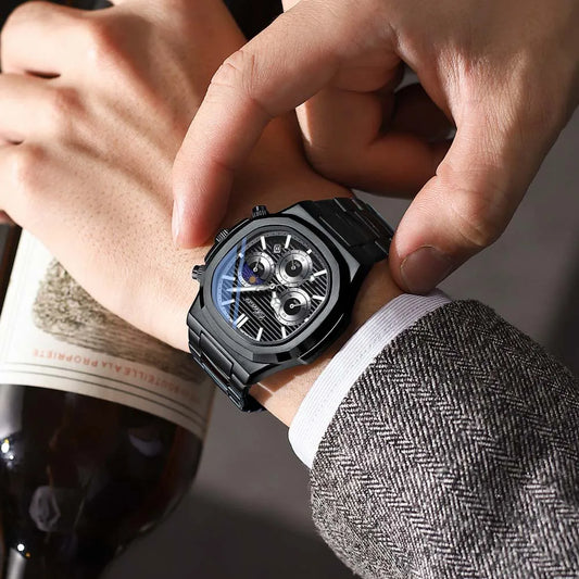Ekonai blue chronograph watch, silver stainless steel bracelet, textured blue dial, multi-subdials