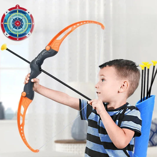 Child playing with bow and arrow toy set, suction cup arrows, and target on wall”