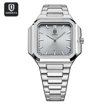 Modern men’s square stainless steel watch with textured dial and link bracelet