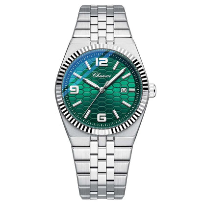 Cheetah men’s luxury watch with green textured dial and stainless steel bracelet