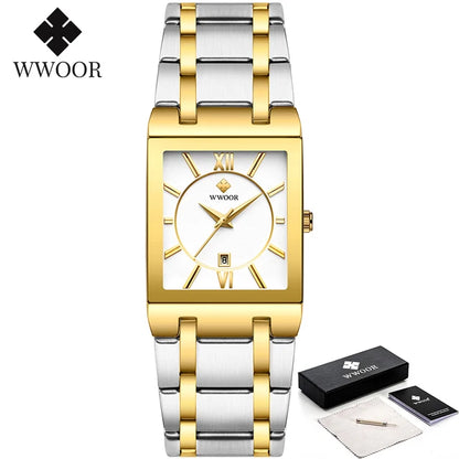 WWOOR men’s square blue dial watch with gold markers and blue steel bracelet