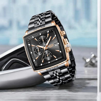 Luxury men’s square chronograph watch with black dial, gold case, and two-tone stainless steel bracelet”