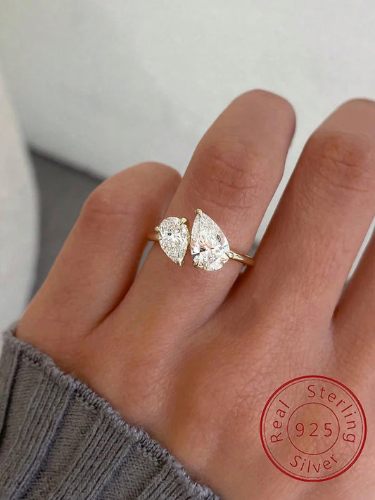 Sterling silver adjustable ring with double teardrop crystals