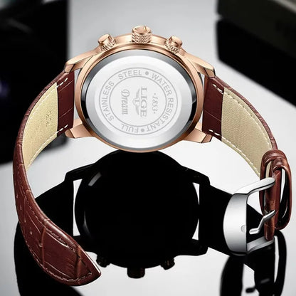 “LIGE rose gold chronograph watch, white dial, brown leather strap, moonphase subdial, formal men’s style