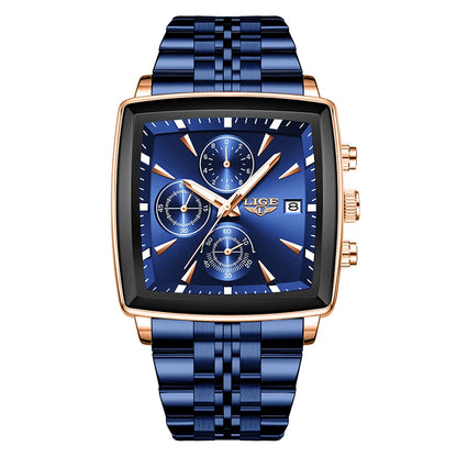 Luxury men’s square chronograph watch with black dial, gold case, and two-tone stainless steel bracelet”