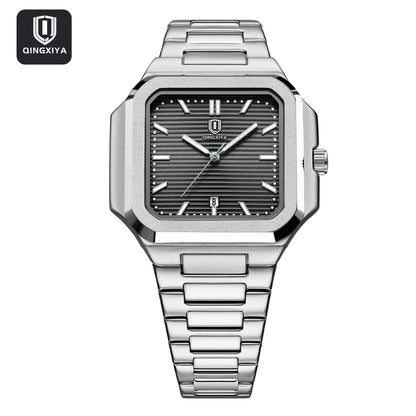 Modern men’s square stainless steel watch with textured dial and link bracelet