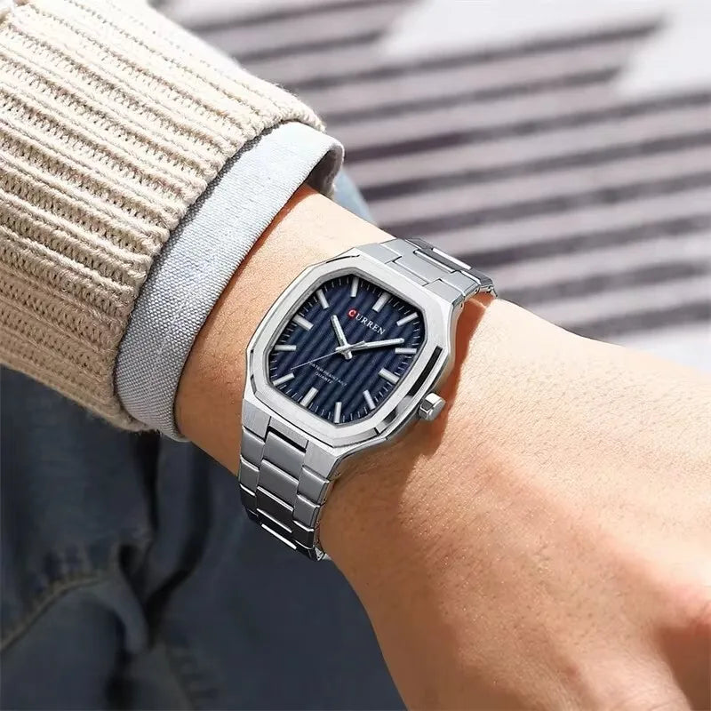 CURREN men’s luxury stainless steel octagonal watch with blue textured dial