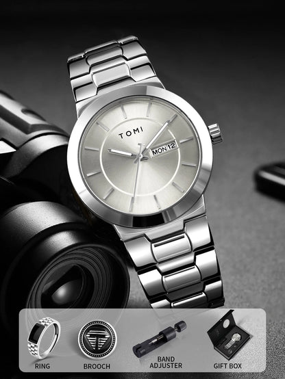 TOMI men’s blue dial minimalist watch with stainless steel bracelet and date display