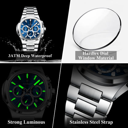 Luxury men’s blue chronograph watch with stainless steel bracelet, sporty dial, and multi-subdial features”